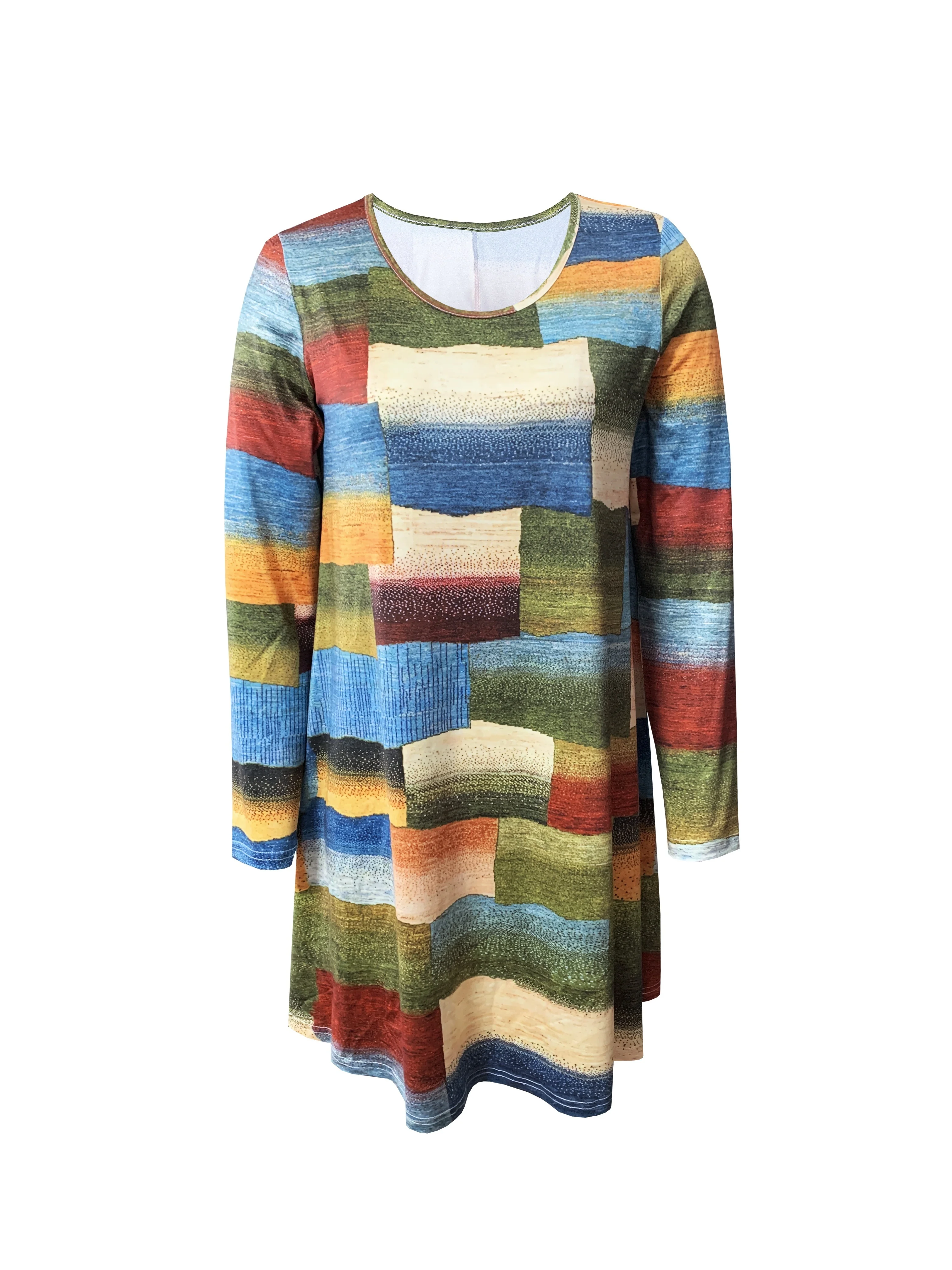 ฤดูใบไม้ผลิมาถึงใหม่ผู้หญิงรูปแบบเรขาคณิตแขนยาว,ชุด boho ทุกวัน,flowy office & Weekend dress