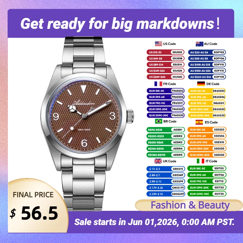 

ADDIESDIVE 36mm Business Ladies Quartz Watch K1 Dome Glass Super Luminous 100m Waterproof Swimming Watches 316L Stainless Steel