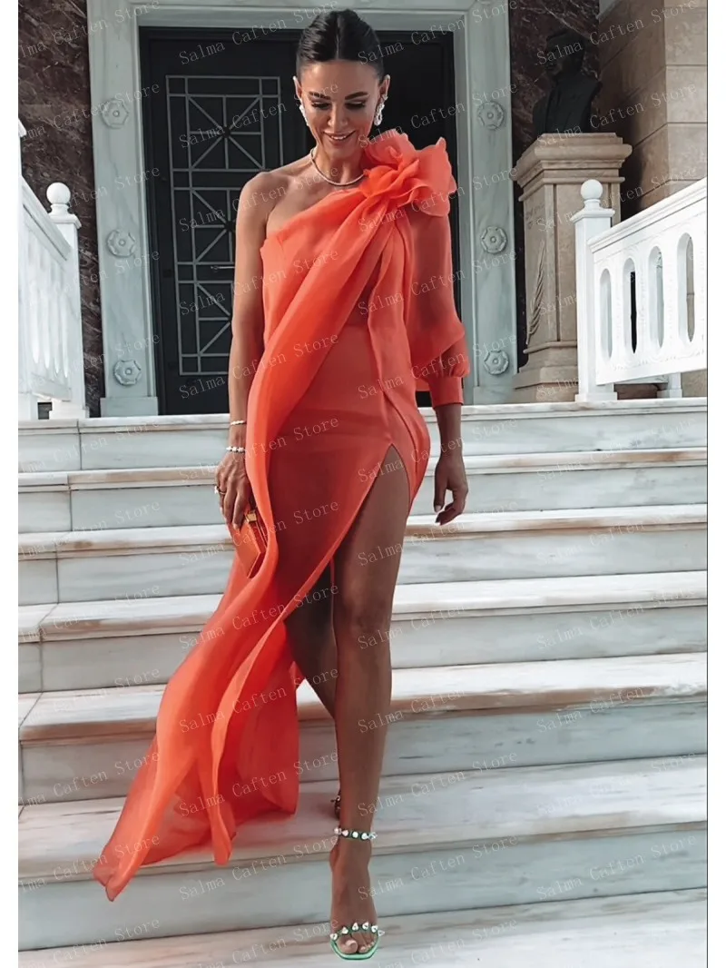 One Shoulder Orange Chiffon Long Sleeve Evening Dress With Slit Ankle Length Floral Dress Open Back Woman Clothes Chic Prom Gown