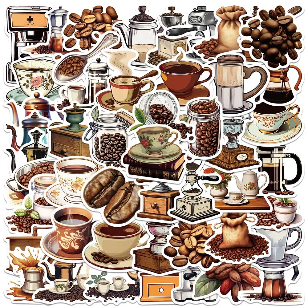 

50PCS Retro Aesthetic Cartoon Coffee Machine Stickers For Notebook Luggage Laptop Guitar Waterproof Graffiti Vinyl Phone Decals