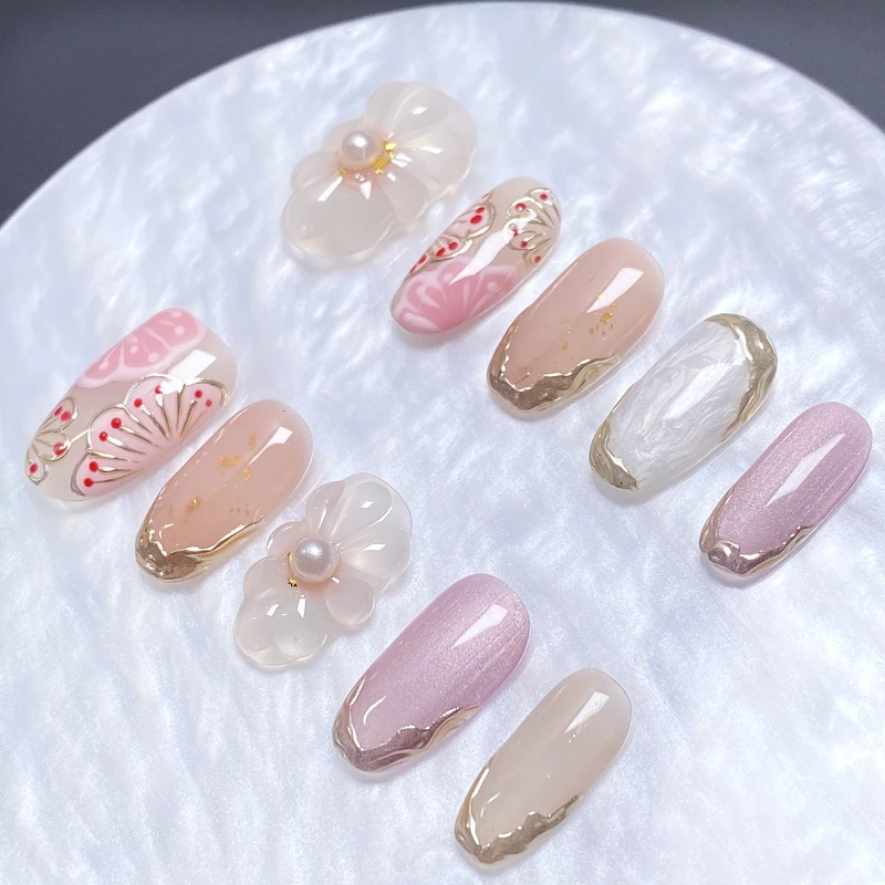 Spring Sweet and Cute Press On Nails Handmade Hand Painted Cherry Blossom Outlined Flowers Liquid Metal Fake Nail Patches