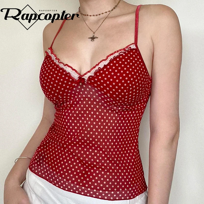 Rapcopter y2k Frill V Neck Crop Top Mesh See Through Vintage Grunge Mini Vest Red Dot Print Aesthetic Summer Camis Korean Cute