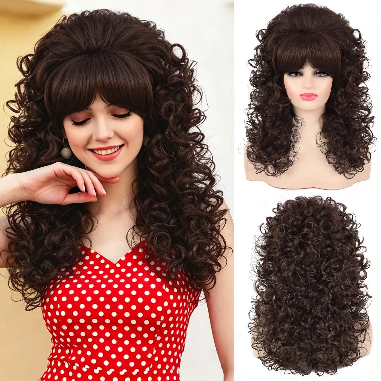Peluca Larga y Rizada Sintética Estilo Años 80 para Mujer, Peluca Vintage con Flequillo Estilo Colmena para Cosplay de los Años 60 y 70, Fiesta de Halloween, Peluca Estilo Peggy Bundy