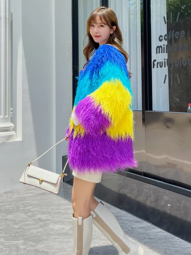 High Quality Autumn Winter Coat Women Luxury Women Rainbow Fluffy Faux Fur Coat Mid Long Oversize Ladies Coats and Jackets