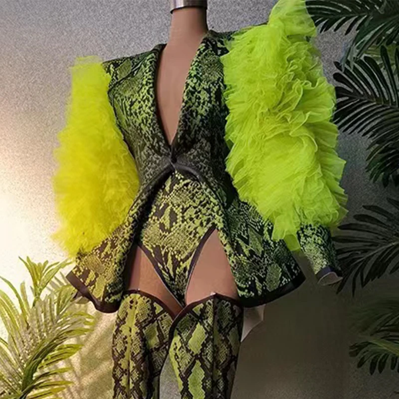 Mesh Puff Sleeve Suit LEG Cover Singer Stage Costume Green Snake Pattern Outfit Drag Queen Clothes Gogo Dancer Clothing VDB6343