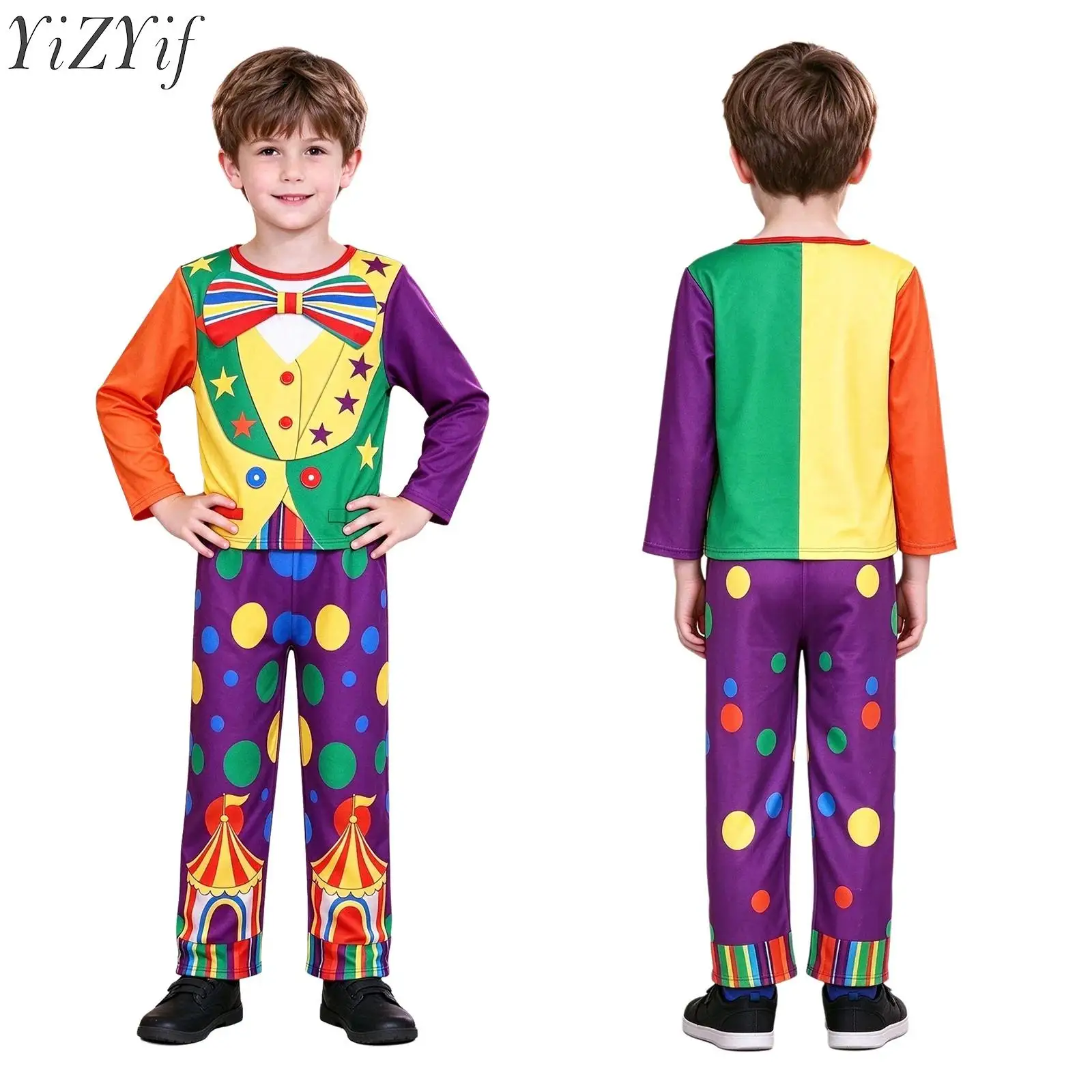 Kids Boys Girls Clown Cosplay Costume Halloween Outfit Long Sleeve Top with Pants Hat and Nose Sets for Cosplay Party Dress Ups