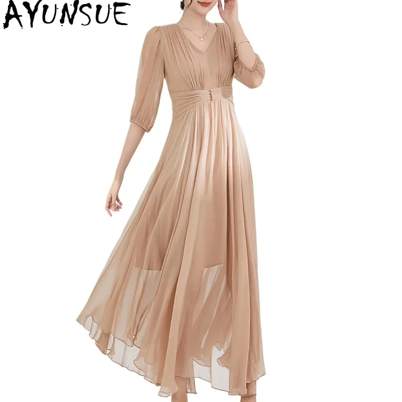 

AYUNSUE 100% Real Mulberry Silk Dress Luxury Party Long Dresses Women Clothing 2024 Summer Elegant Frocks for Womans Vestidos