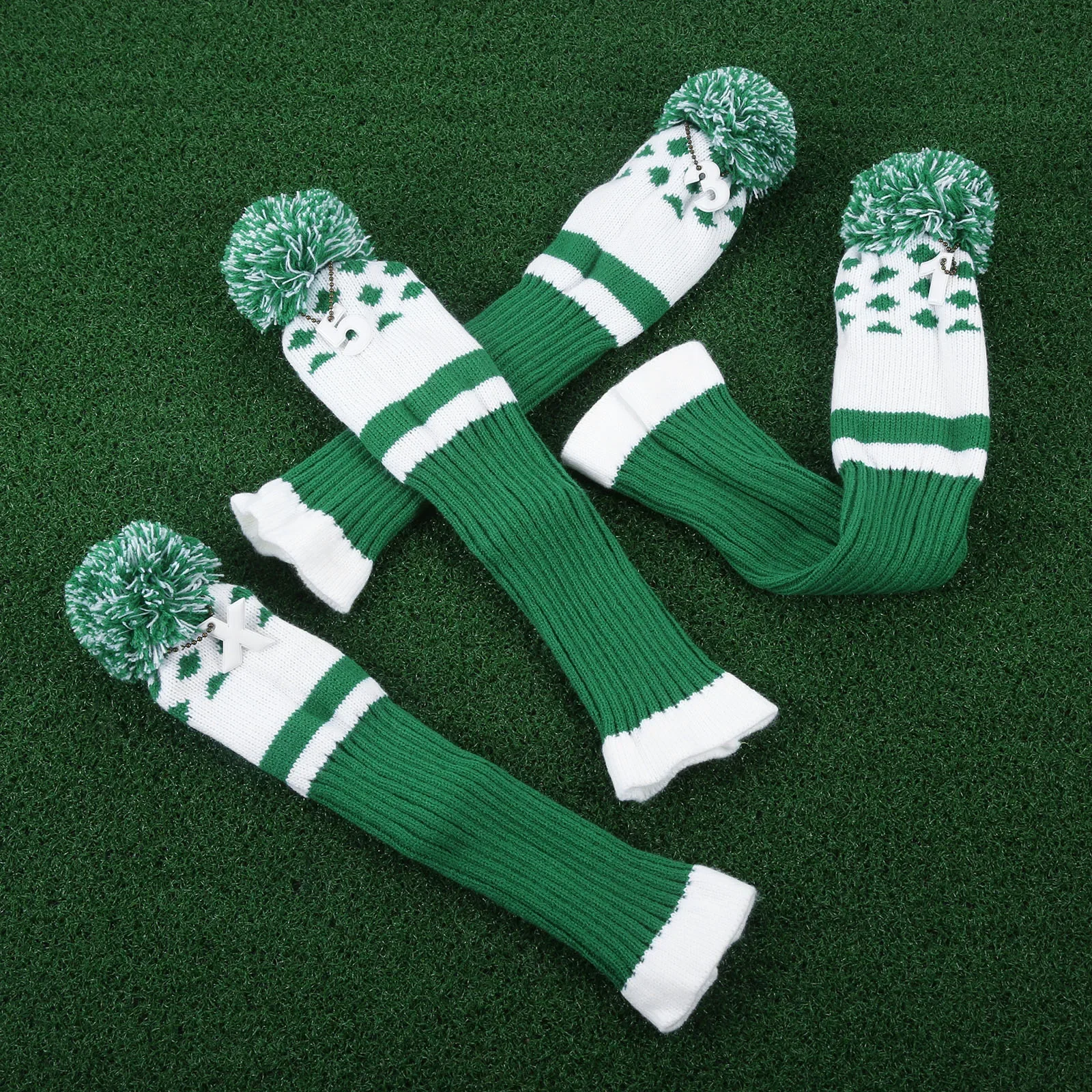 4Pcs/Set Long Neck Sock Golf Club Heads Covers Soft Wool Knitted Golf Headcover Fit for Driver (Up To 460CC) Fairway Hybrid Wood