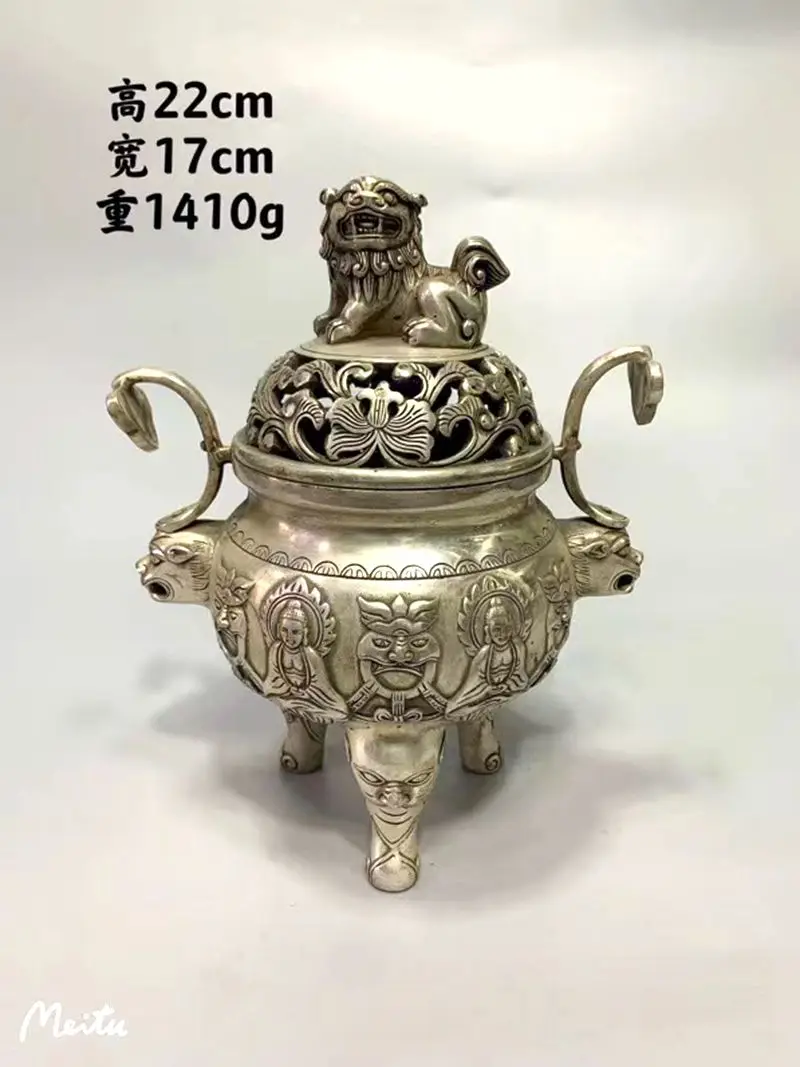 Excellent White CopperIncense Burner Censer Lucky Bless Buddhist Statuary Foo Dog Beast Cover