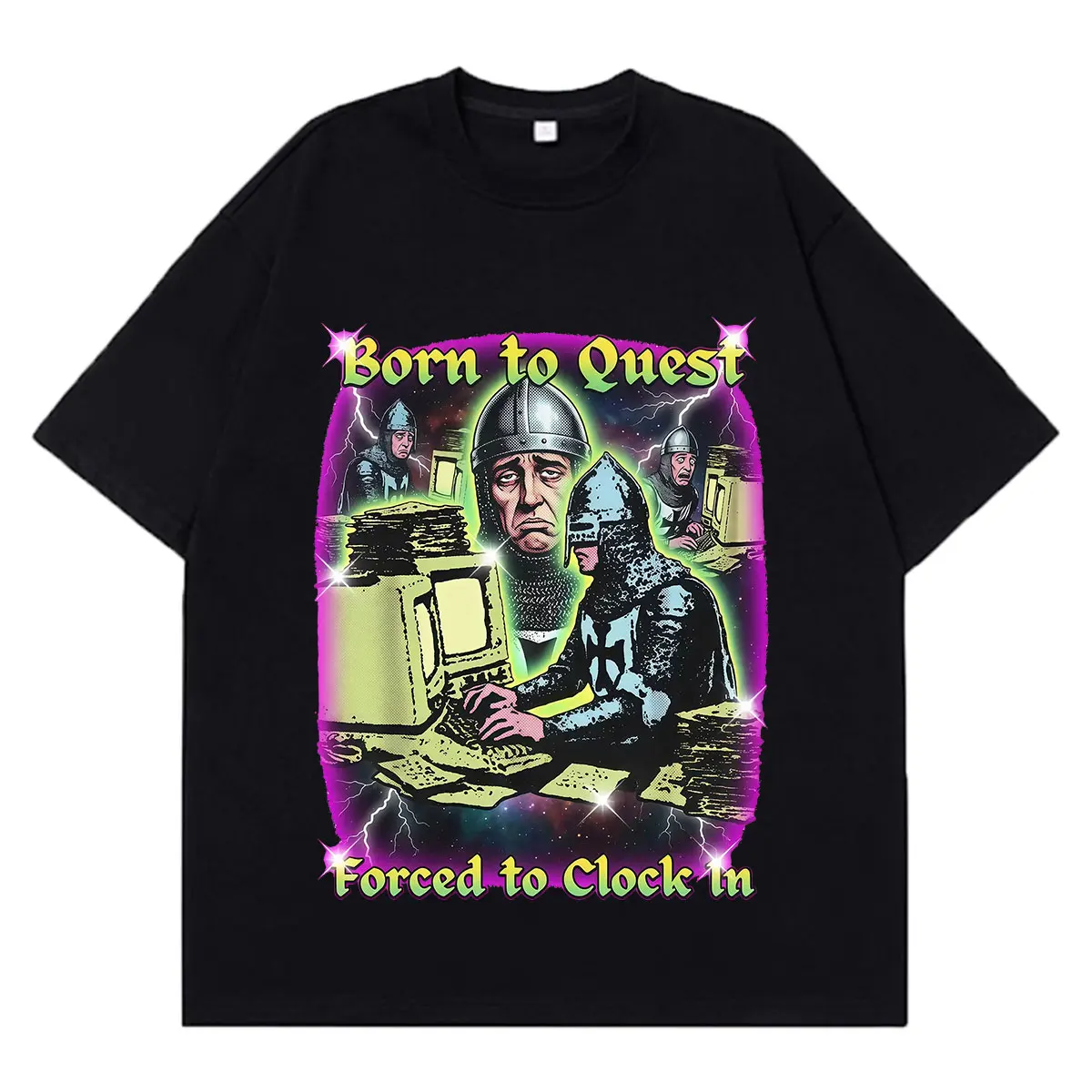 Born To Quest Forced To Clock in Funny Medieval Knight Meme T Shirt Men Women Hip-hop Punk T-shirt Cotton Loose Casual T-shirts
