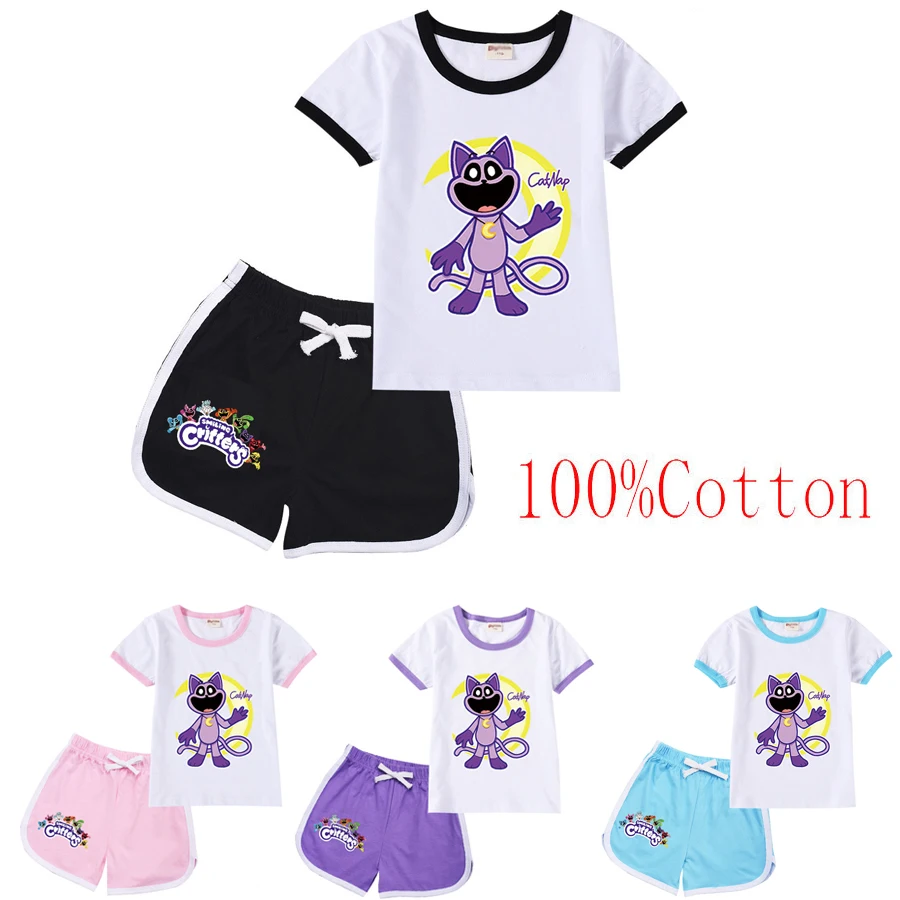 Pyjama d'Été en Coton à Manches Courtes et Short pour Garçon et Fille, Vêtements Décontractés, Ensemble Sportif