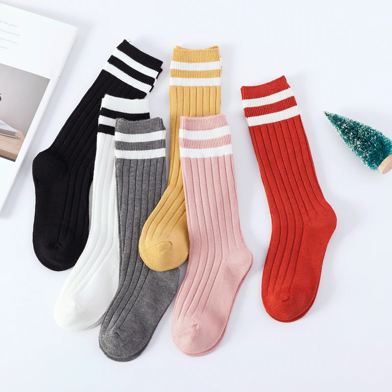 1 Pairs Kids Knee High Long Socks Autumn Winter Warmth Soft Cotton Children School Stocking Black White Stripes Sports Socks