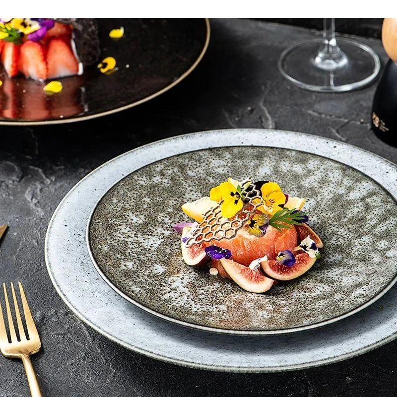 Retro High Legged Ceramic Flat Plate Restaurant Steak Dessert Molecular Food Display Plates Specialty Tableware