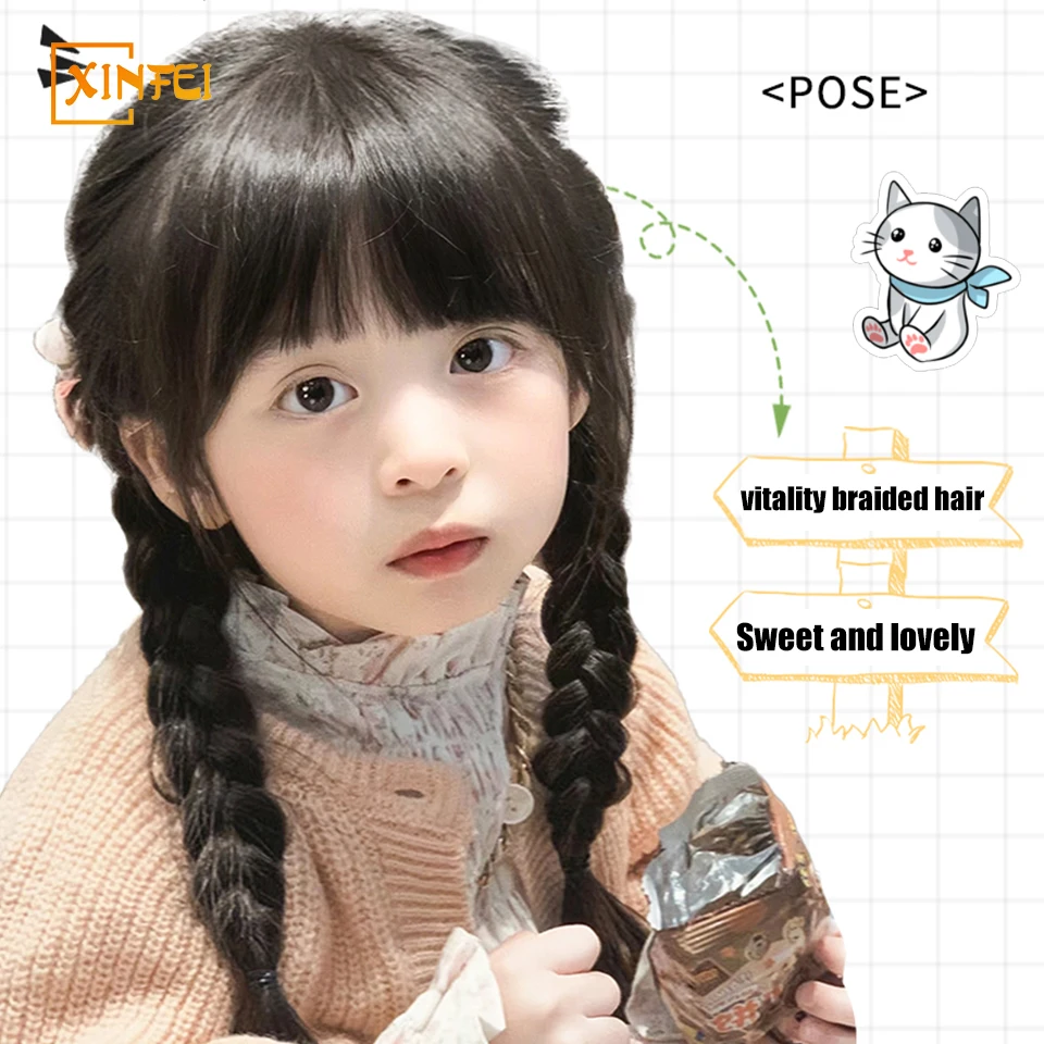 Synthetic Wigs Braided Hair Children\'s Long Straight Hair Sweet And Lovely Fluffy Ponytails A Pair Of Natural Boxing Braids