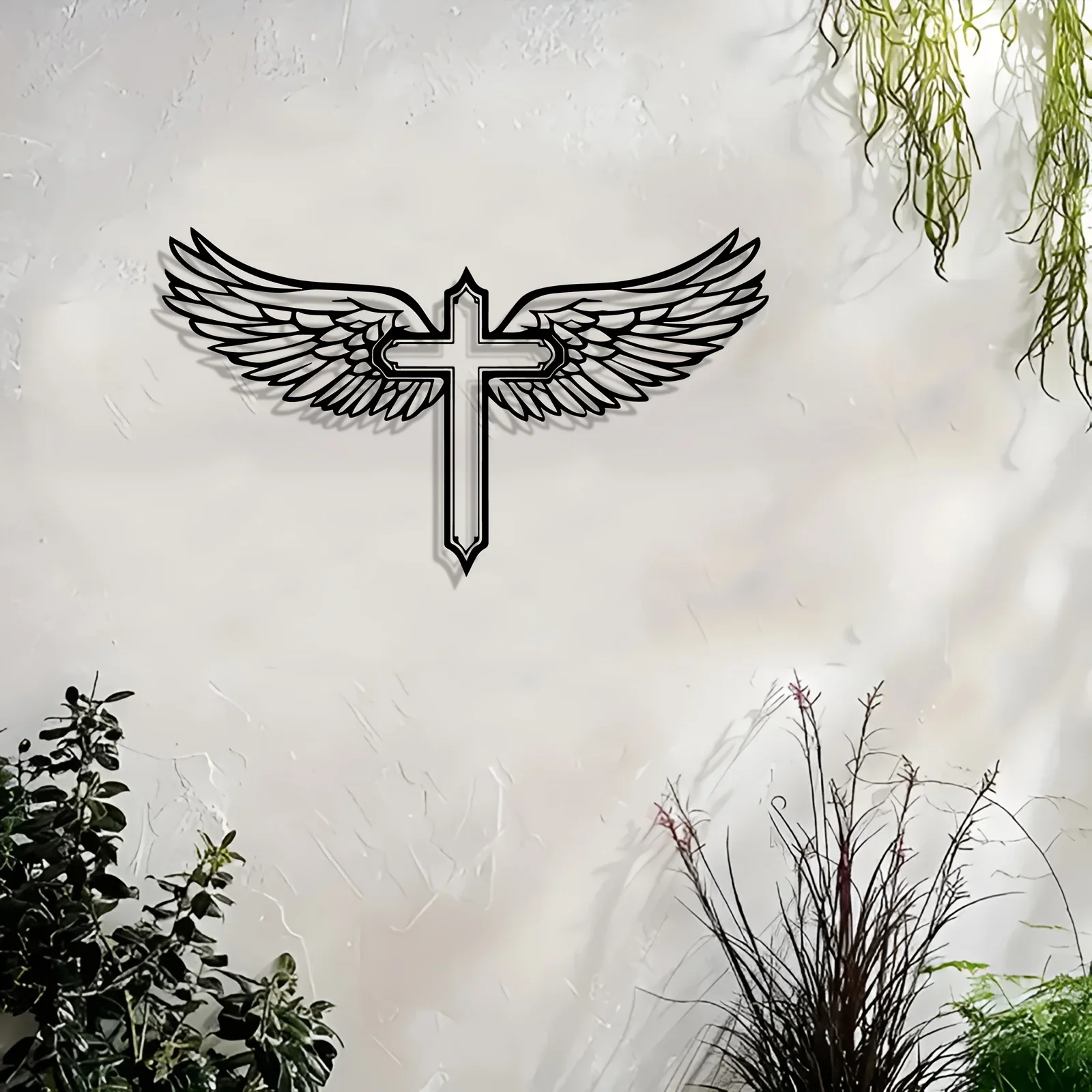 Décoration murale vintage en métal en forme de croix avec ailes d'ange, sculpture en fer noir pour la maison, le salon, la chambre ou l'église