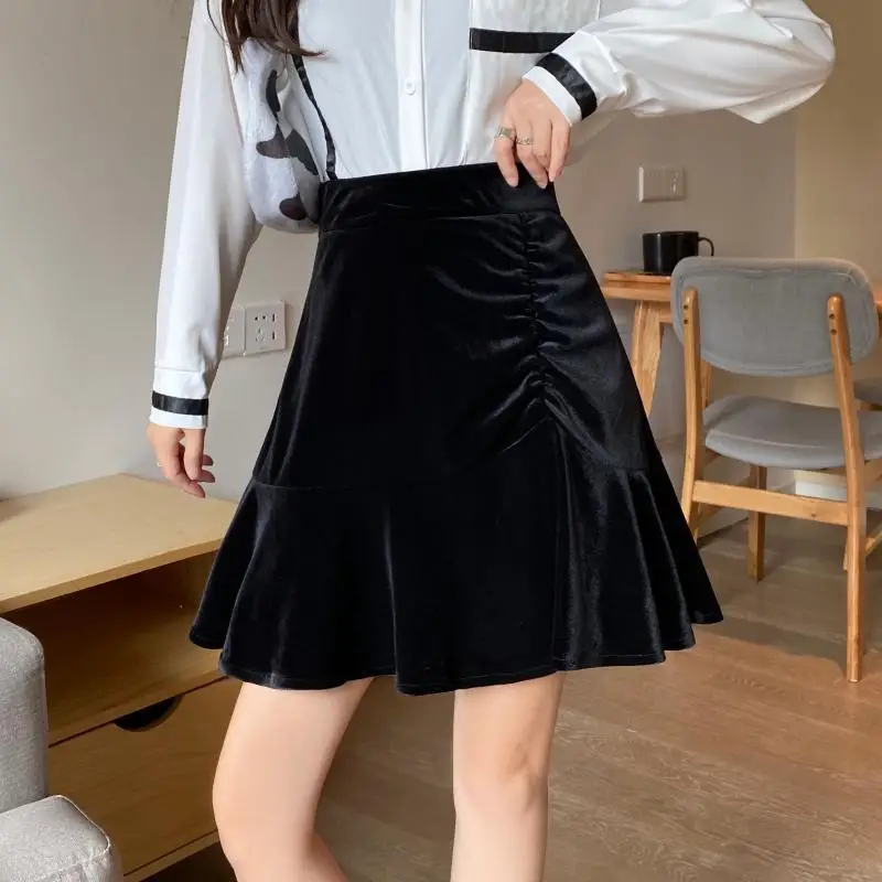 

Harajuku Autumn Winter Golden Velvet Women's Solid Elastic High Waist Ruffles Pleated Fashion Slim A-line Fishtail Short Skirt