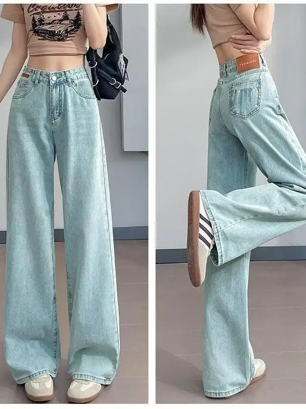 

Retro American High Waist Wide Leg Denim Jeans Women's Spring New Pocket Embroidery Straight Loose Slimming Long Pants