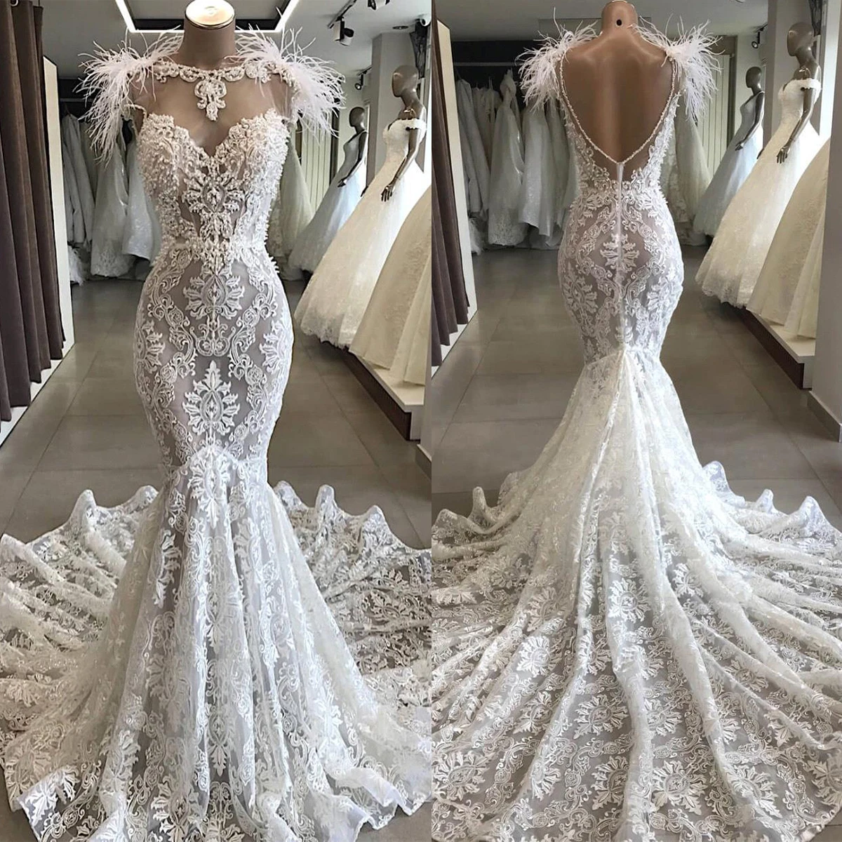 

Chic Feathers Mermaid Wedding Dress Lace Appliques Embroidery Bridal Gowns Custom Made Backless Vestido de novia