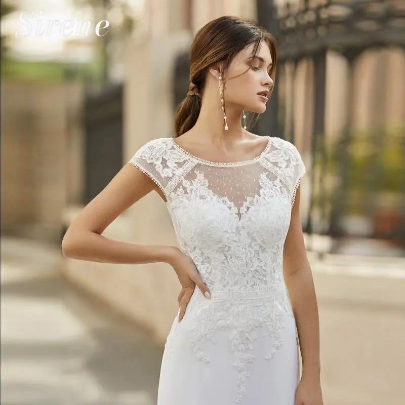 Elegant Mermaid Wedding Dress 2024 White Cap Sleeve Lace O-Neck Chiffon Illusion Pleat Bridal Gown Sweep Train Vestidos De Novia