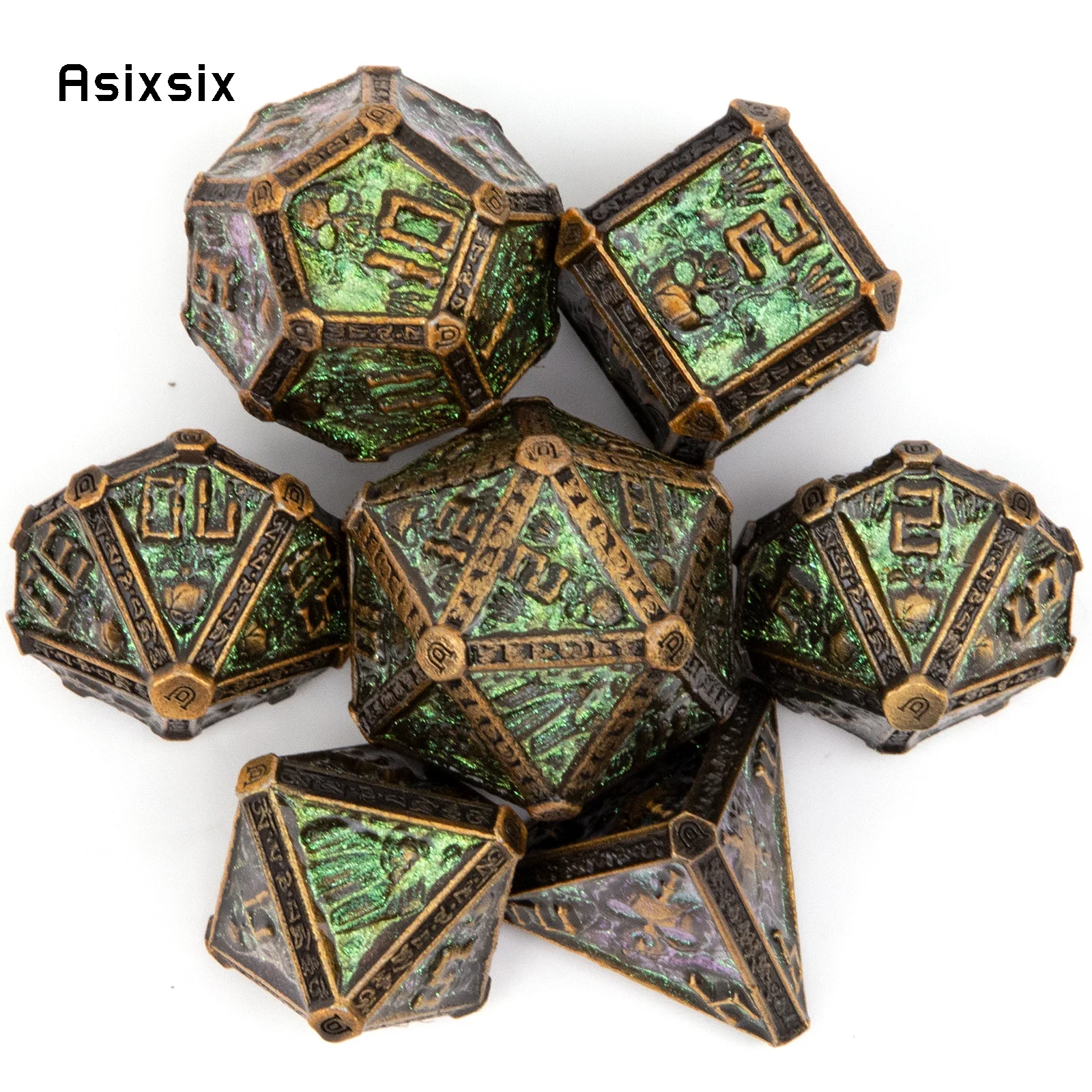 

7 Pcs Copper Green Skull Metal Dice Solid Metal Polyhedral Dice Set Suitable for Role-Playing RPG Board Game Card Game