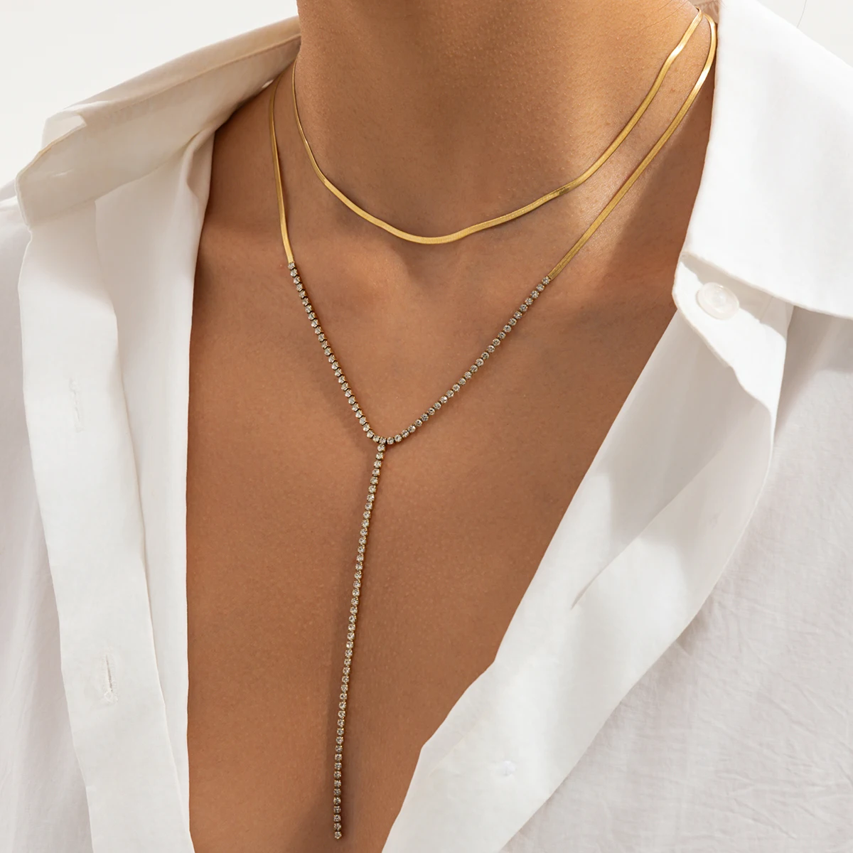 SHIXIN 18K Gold Plated Stainless Steel Y-Shaped Pendant Necklace Women Fashion Layered Stack Shiny Rhinestone Sweater Chain Gift