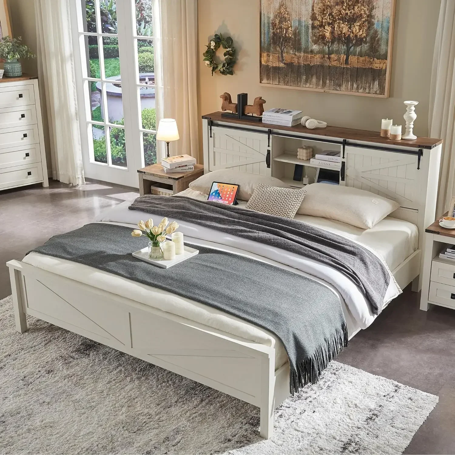 

Farmhouse Queen Size Bed Frame with Bookcase Headboard, Sliding Barn Door, Storage Cabinet, Charging Station