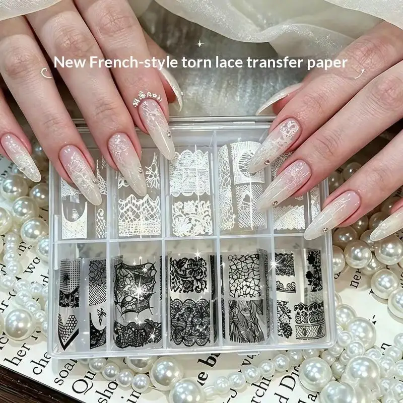 1 Box Nail Decoration Lace Design Nail Foils Rose Flower Pattern Black White Nail Art Stickers Sequin Effect Transfer Paper