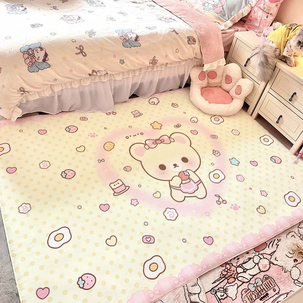 Rilakkuma Niedlicher Cartoon-Kunstfell-Teppich, Ästhetische Flauschige Bodenmatte, Weicher Rutschfester Teppich für Schlafzimmer, Wohnzimmer, Sofa