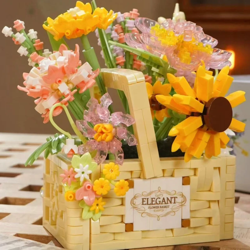 Eternal flower basket building block assembly toys, home decoration building block flower series as gifts for girls