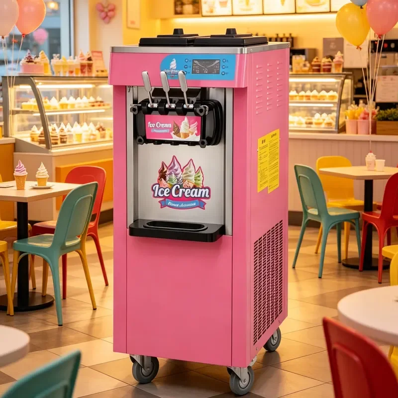 Machine à glace molle verticale à 3 saveurs, certifiée CE, de fabrication italienne, pour usage commercial et domestique.