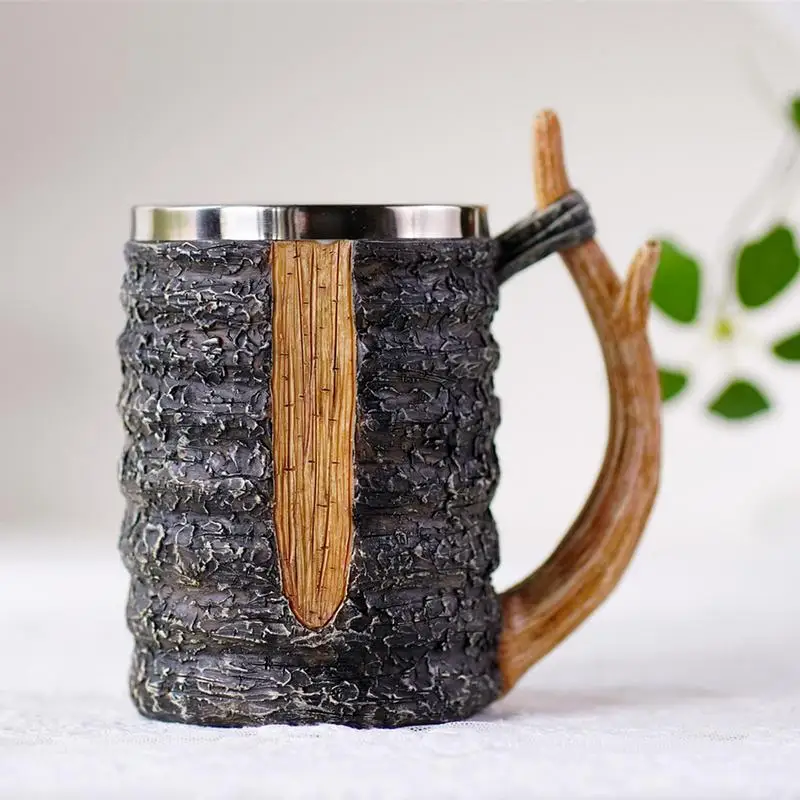 Resin Coffee Mug 600ml Wooden Handmade Beer Barrel Mug Simulated Tree Branch Handle Mug For Beverage Restaurant Cocktail Coffee