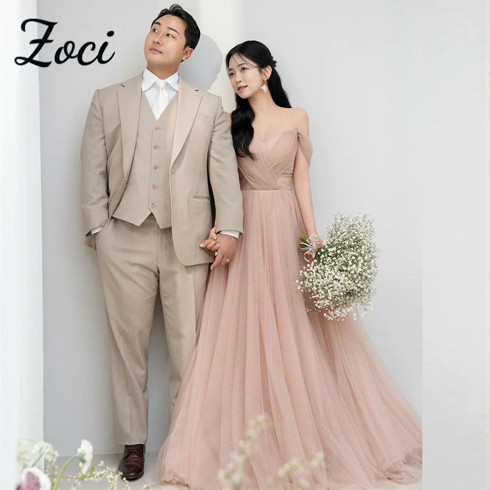 

Zoci Off the Shoulder Fairy Wedding Dresses Shiny Tulle A-line Pink Bridal Gown Sweetheart Collar Korea Photo Shoot Dresses