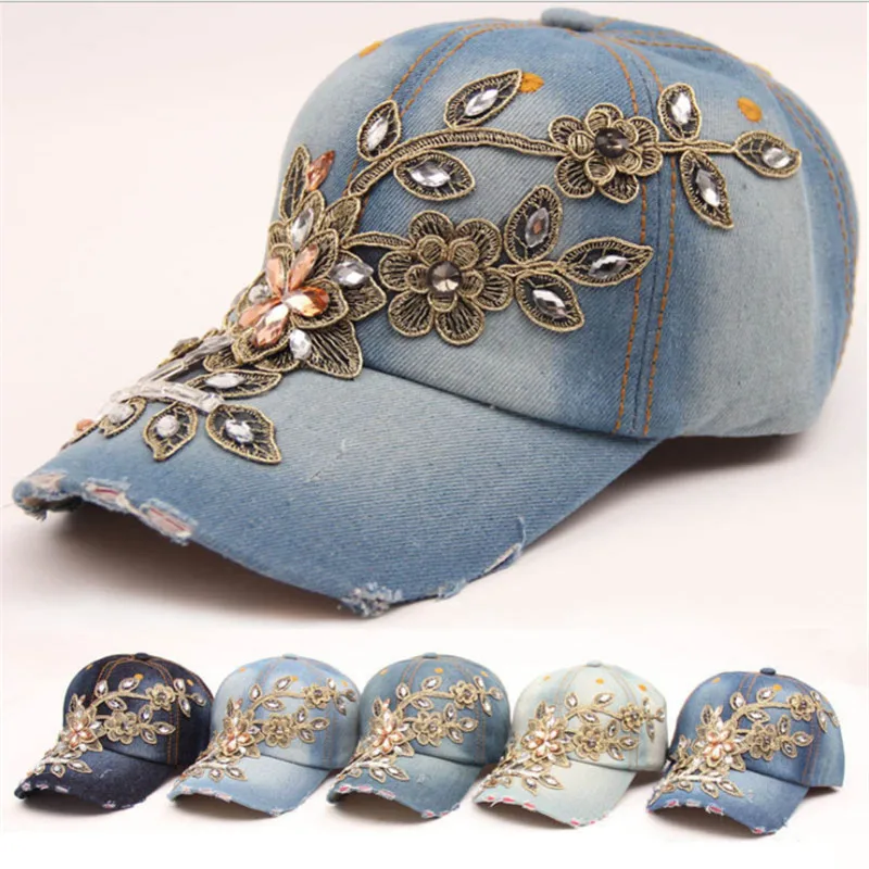 

Women's Baseball Cap Diamond Painting Embroidery Flower Denim Snapback Hats Jeans Woman Female Cap Cowboy Summer Sun Hat