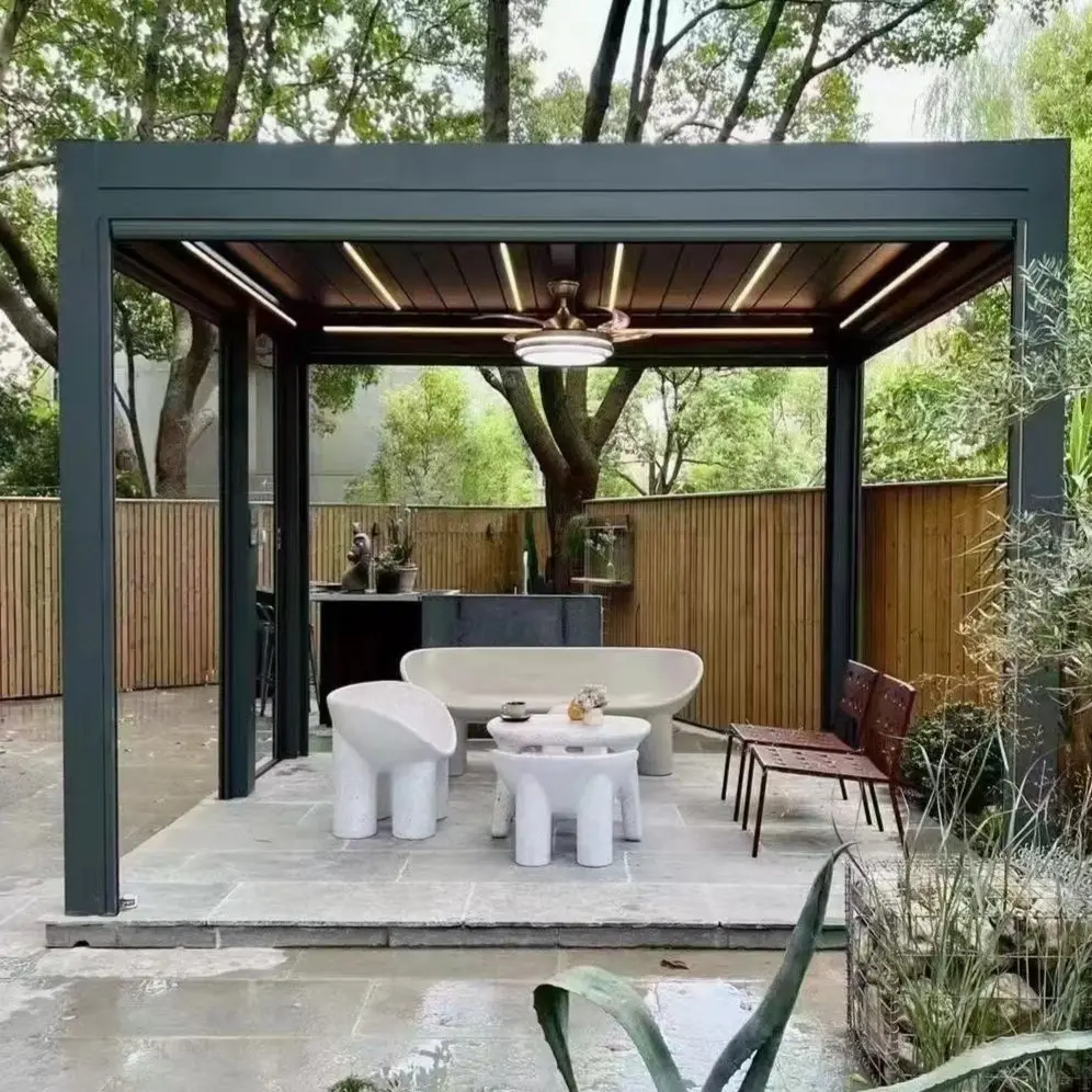 Backyard Leisure Shade Aluminum Alloy Pavilion with LED Lights Outdoor Party Pergola Rainproof Rustproof Rectangular Gazebo