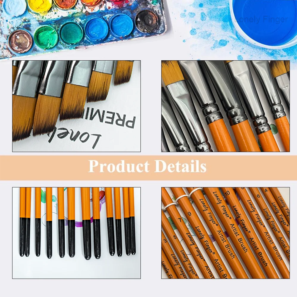 Zestaw pędzli do malowania, 12 sztuk pędzli artystycznych o różnych rozmiarach do akwareli, akrylu, gwaszu, farb olejnych i tuszu.