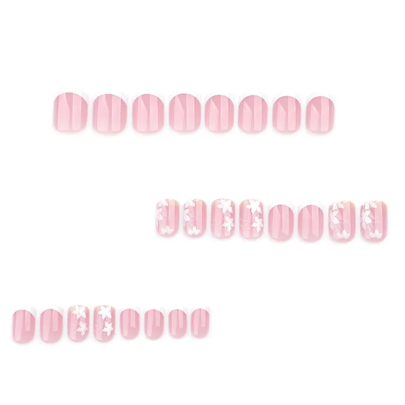 زهرة الربيع يرتدي الأظافر عالية الباردة الشعور بسيط الفرنسية الأبيض الفن قصيرة متوسطة مستطيلة وهمية مسمار لوحة الأظافر القابلة للإزالة