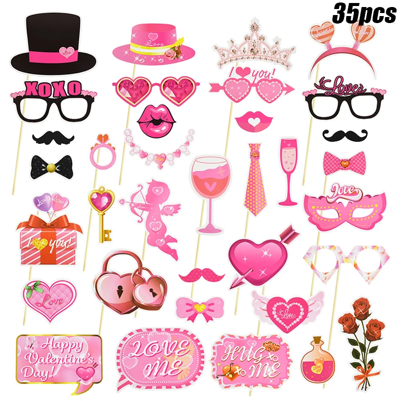 

35Pcs Valentines Day Photo Booth Props Set Creative Happy Valentines Day Party Handheld Photo Prop Wedding Decoration Photobooth