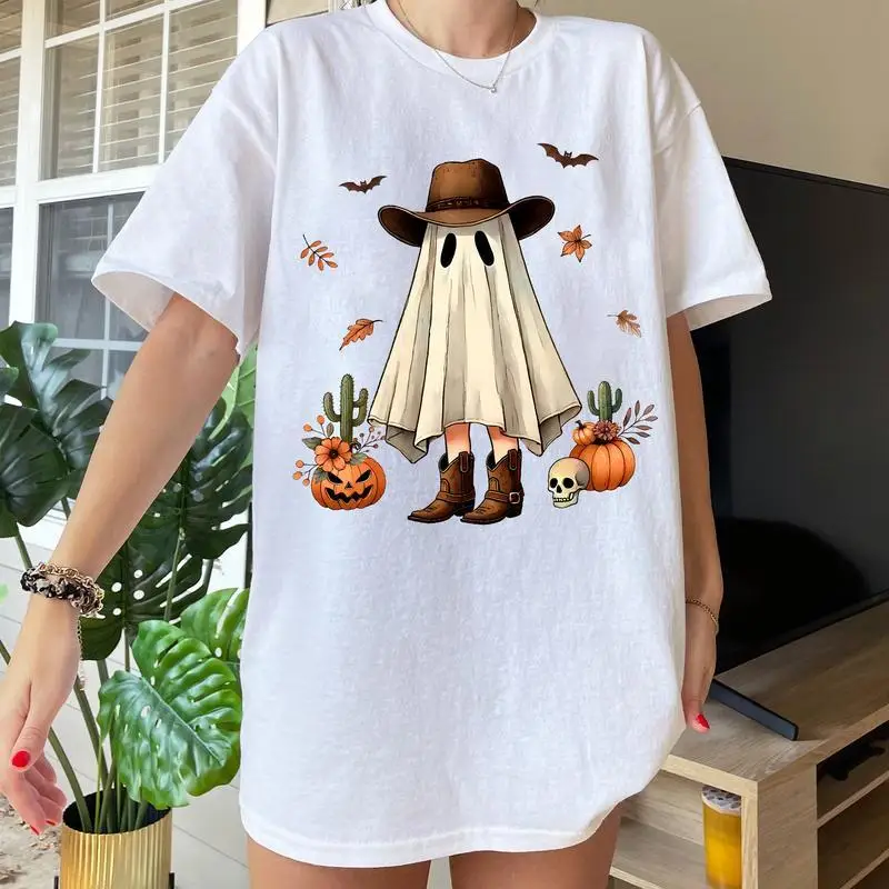 

Funny Halloween Cowboy Ghost T-shirt,Vintage Spooky Western T-shirt,Fall Aesthetic Pumpkin Graphic Tee,Women's Men's Oversize