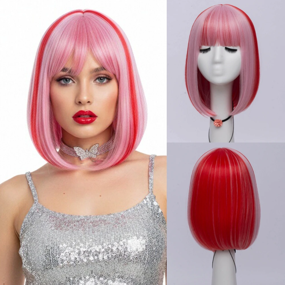 

Women Synthetic Short Straight Pink Mixed Red Wig with Bangs Lolita Party Cosplay Halloween Fake Hair Heat Resistant