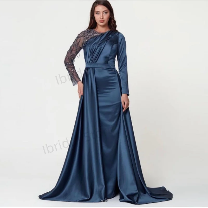 

Индивидуальные платья русалки с аппликациями и круглым вырезом из бисера, драпированные платья для выпускного вечера с прозрачными рукавами, элегантные платья длиной до пола, вечерние