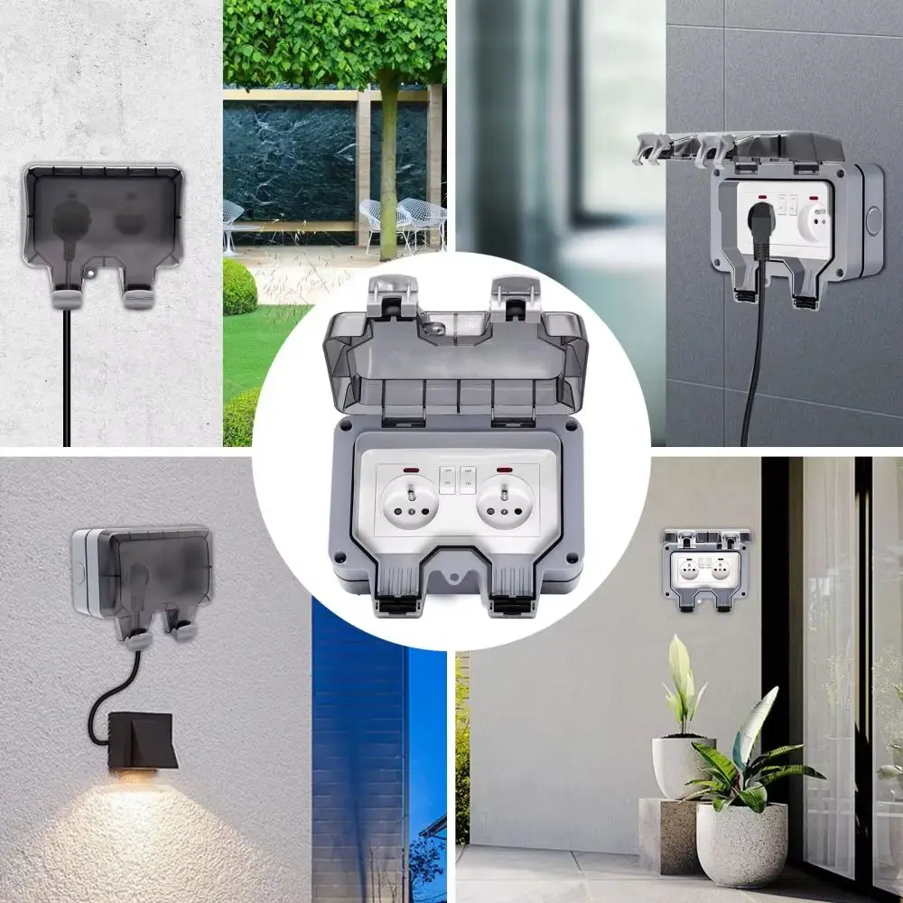European Style IP66 Waterproof Socket Box PC Material Built-In Switch Outdoor Wall Socket Wall Mount 16A EU Socket Garden Lawn