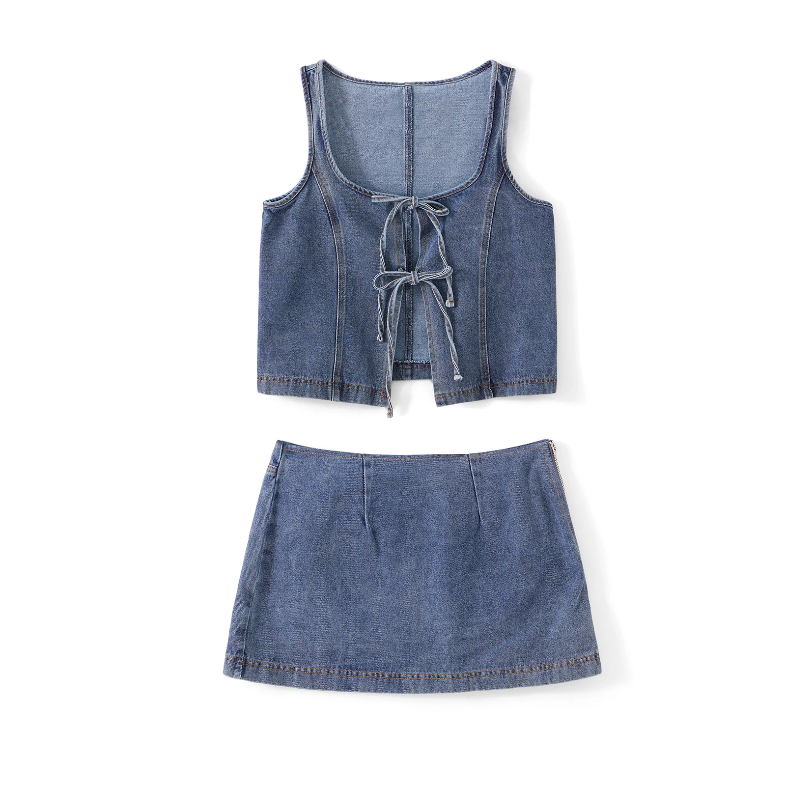 

Женская джинсовая одежда из двух предметов, жилет без рукавов с завязками спереди, топы и мини-юбка, комплект Jean Going Out Клубная одежда