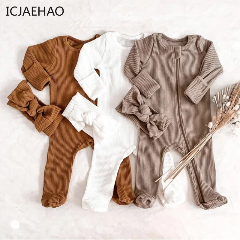 ICJAEHAO 2024 Newborn Clothes Boys Girls Baby Long-sleeved Knitted Autumn Winter Foot-wrapped Pure Cotton Stretch Climbing Suit