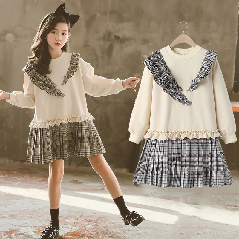 Children Girl Dress Spring Autumn School Girl Long Sleeve Sweatshirt Dress Lace Plaid Patchwork Pleated Skirt Junior Girl Dress