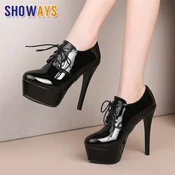 Winter Women Platform Pumps Red Black Patent Leather Derby Dress Office Lady British Lace Up Round Toe High Heels Stiletto Shoes