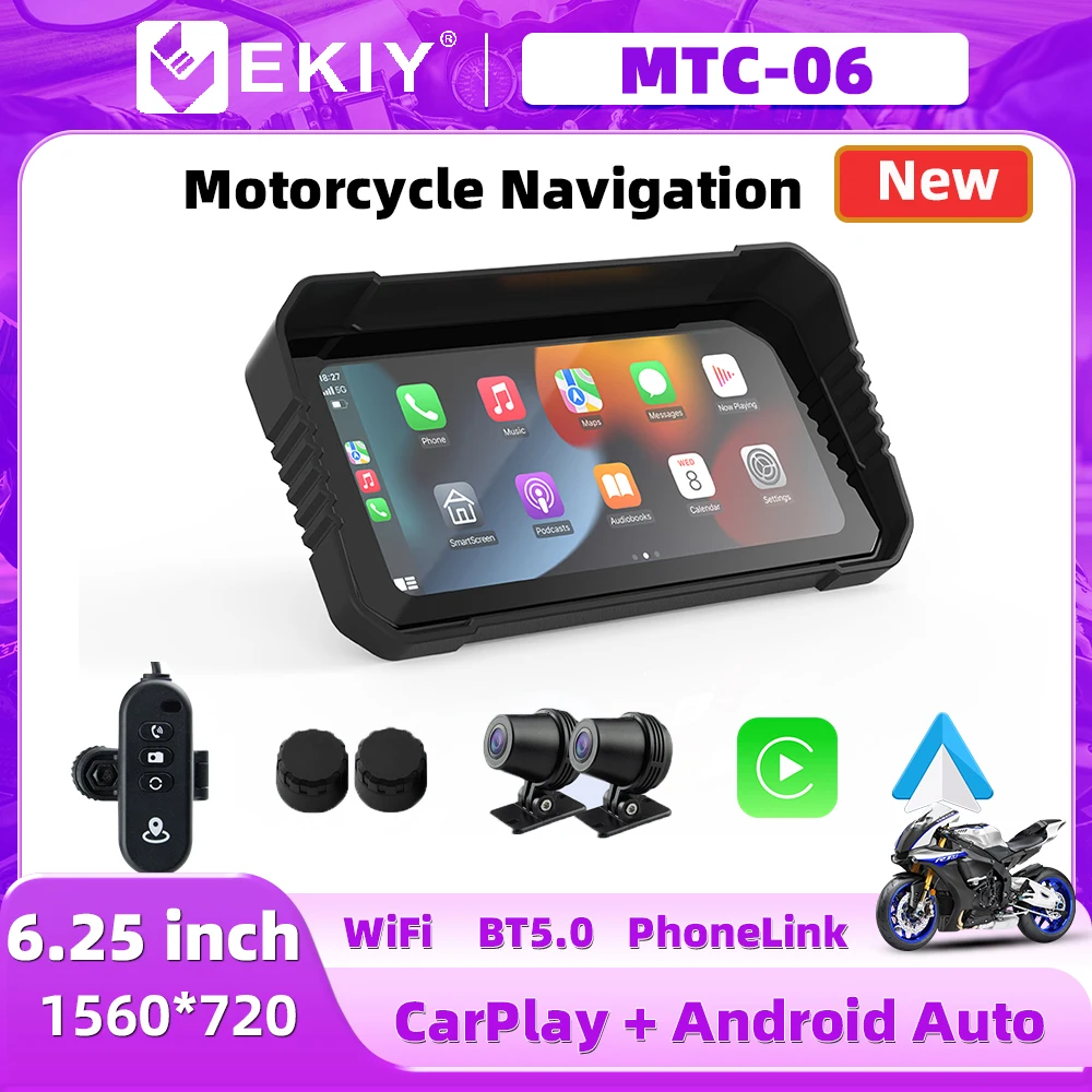 EKIY Motor Accessories 6.25 Inch Wireless Carplay & Android Auto  Motorbikes Navigation Display Screen Portable