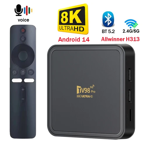 TV98 Pro TV Box Android 14 compatible con vídeo HD 8K4K 5G Wifi Dual BT5.2 reproductor de Control remoto por voz Allwinner H313 Smart TV Box iptv
