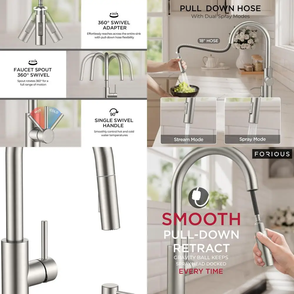 

Modern Brushed Nickel Single Handle High Arc Pull-Down Sprayer Kitchen Faucet with Soap Dispenser for RV, Laundry, Outdoor Use