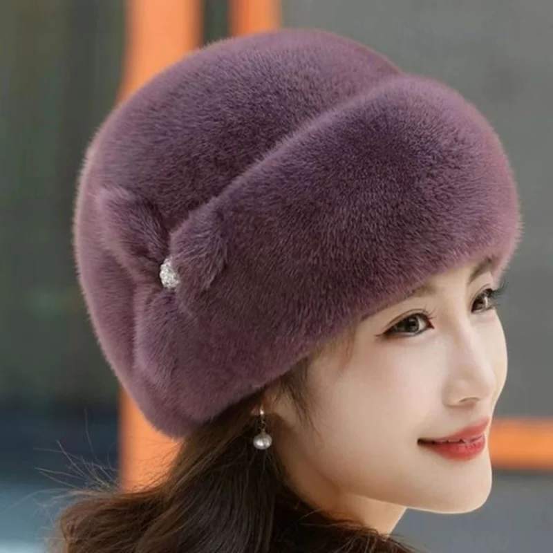 New Mom Style Hat Women\'s Winter Artificial Mink Hair Top Hat Fashion Leather Warm Hat Middle-Aged and Elderly Fur Bag Cap Trend