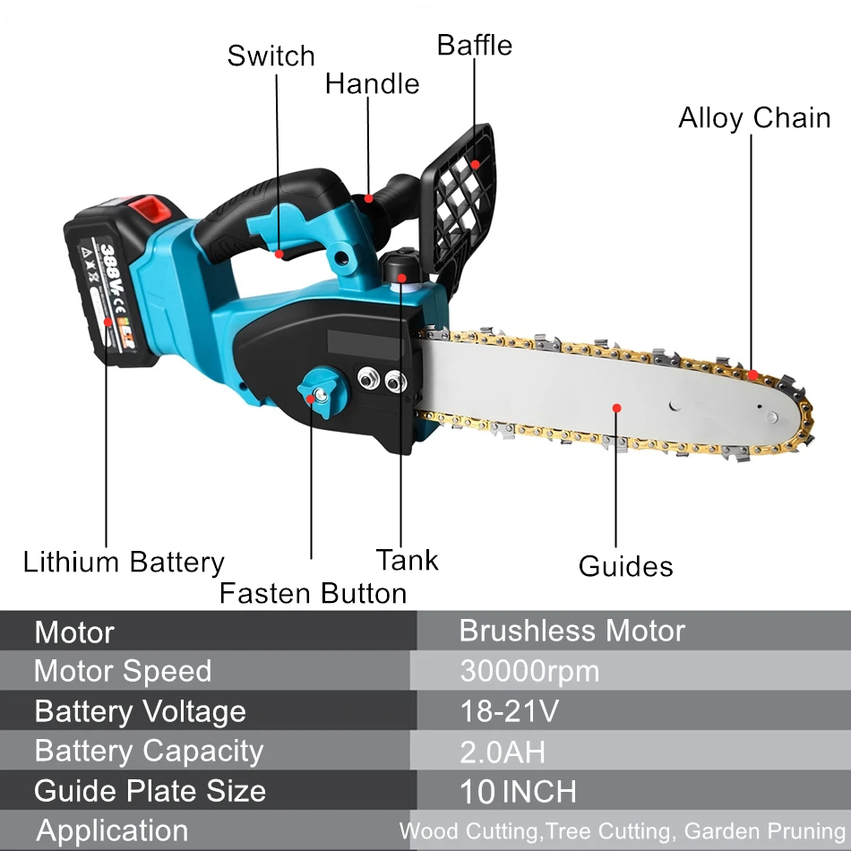 コードレス電気チェーンソー,10インチ,3200W,ブラシレスモーター,ロギングカッター,ガーデンツール,木工,マキタ18Vバッテリー用